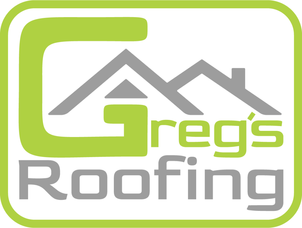 Greg's Roofing & Contracting New Logo with stylized rooftop design in green and gray shades.