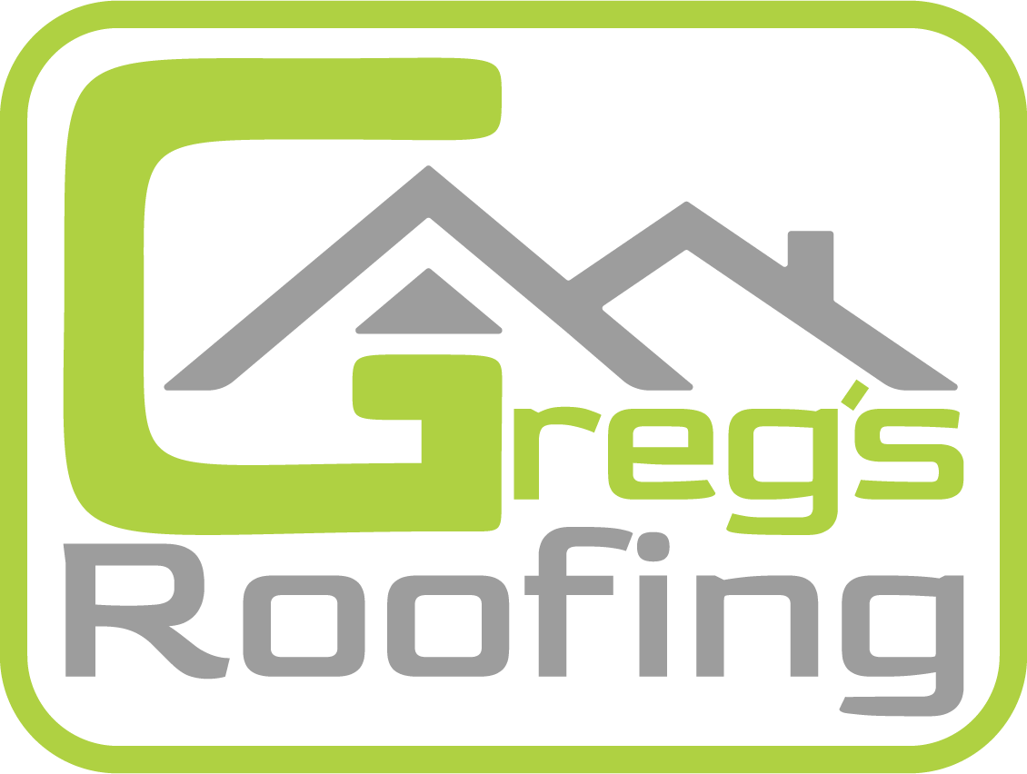 Greg's Roofing & Contracting New Logo with stylized rooftop design in green and gray shades.