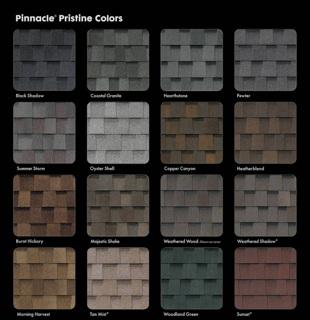 Swatches of Pinnacle Pristine Shingle Colors from Atlas