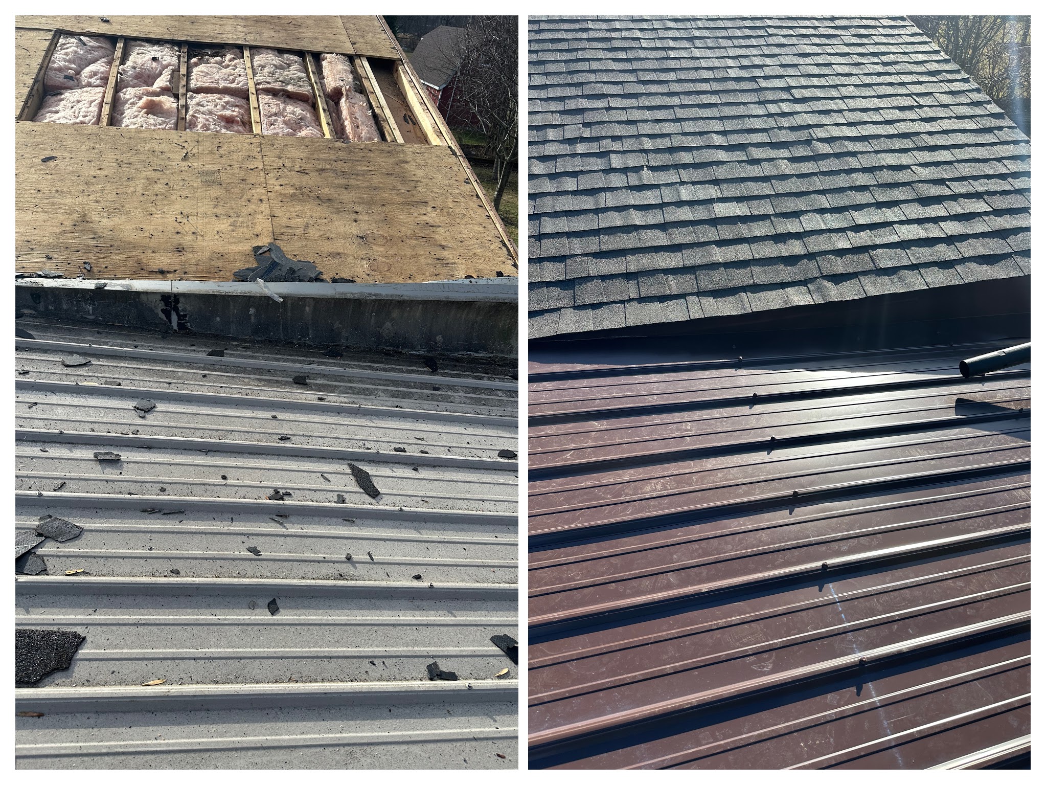 Before and after views of a residential metal roof installation by Greg's Roofing & Contracting in Bloomington, Indiana.