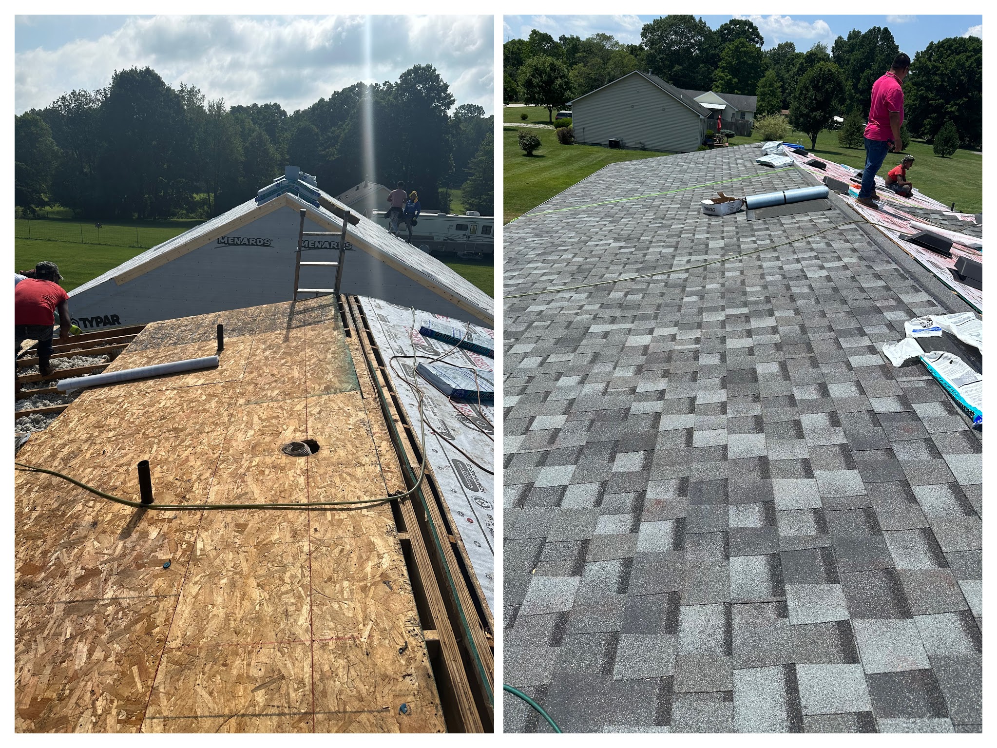 Workers from Greg's Roofing & Contracting LLC replacing a residential roof in Bloomington, Indiana, showing before and after views.